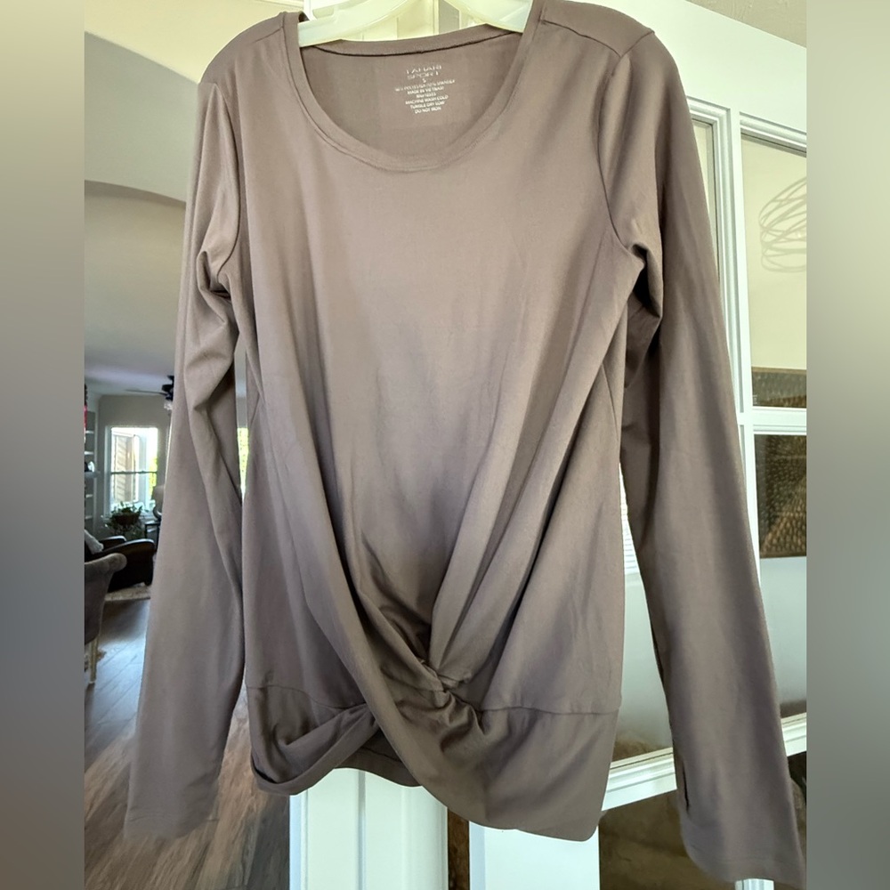 Tahari Taupe Long Sleeve Twist Front Blouse